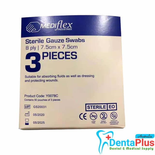 Gauze Swabs 3 Sterile (Mediflex) 7.5cm x 7.5cm - 8ply 50Pouches/pkt 4