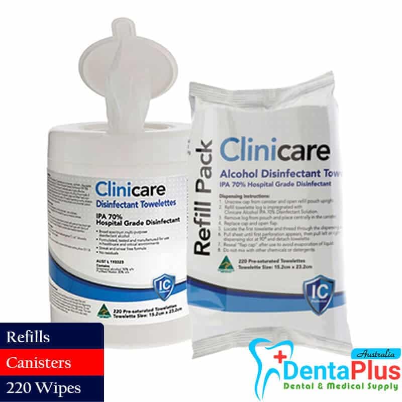 Clinicare IPA 70% Hospital Grade Alcohol Wipes Canister & Refills 15.2cm x 23.2cm #220 wipes